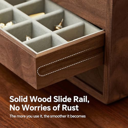 Wooden Jewelry Box for Women Men, Large | Velvet Lined Organizer, 4 Drawers, Solid Black Walnut Brass Handles, For Rings, Necklaces, Earrings - size: 4 drawers