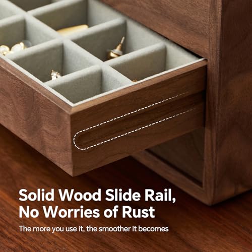 Wooden Jewelry Box for Women Men, Large | Velvet Lined Organizer, 4 Drawers, Solid Black Walnut Brass Handles, For Rings, Necklaces, Earrings - size: 4 drawers
