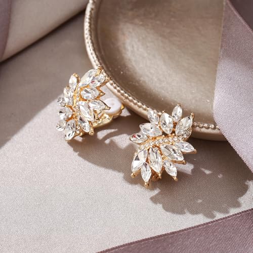 EVER FAITH Sparkly Rhinestone Clip-on Earrings for Women Bride, Fashion Marquise Crystal Cluster Wedding Bridal Stud Earring for Prom Formal Party - color: Clear Gold-Tone