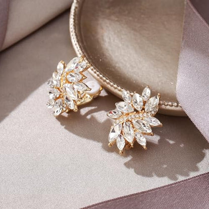 EVER FAITH Sparkly Rhinestone Clip-on Earrings for Women Bride, Fashion Marquise Crystal Cluster Wedding Bridal Stud Earring for Prom Formal Party - color: Clear Gold-Tone