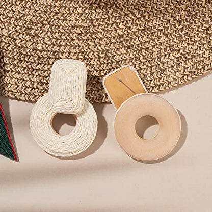 Statement Raffia Earrings Cute Boho Earrings Rattan Dangle Earrings Handmade Straw Wrap Earrings Summer Drop Dangling Earrings for Women Teen Girls - color: White