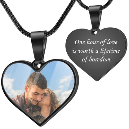 Farfume Personalized Photo Necklace for Women/Men, Memorial Jewelry Gifts | Holds 2 Pictures Pendant, Custom Engraved Text, Beautiful Locket for Girls, Durable Stainless Steel, Mothers Day Gifts - color: Heart Shape Black Photo & Text
