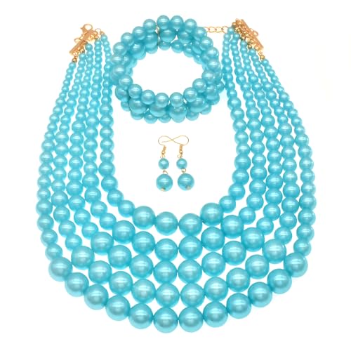 JNF Large Faux Pearl Necklaces for Women Multi strand Pearl Necklace Bracelet and Earrings Set 1920s Costume Pearls Necklace Jewelry Accessories - color: Light blue