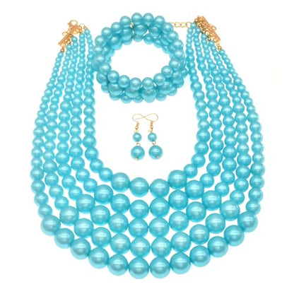 JNF Large Faux Pearl Necklaces for Women Multi strand Pearl Necklace Bracelet and Earrings Set 1920s Costume Pearls Necklace Jewelry Accessories - color: Light blue