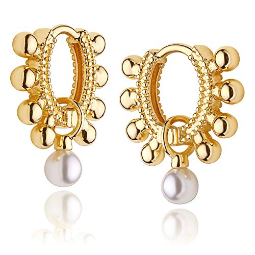 DREMMY STUDIOS Gold Dainty Huggie Hoop Earrings 18K Gold Plated Exquisite Open Tassel Dangle Charm Drop Sleeper Geometric Cross Coin Star Heart White CZ Simple Hypoallergenic Earrings for Women - color: Dangle Ball-Pearl