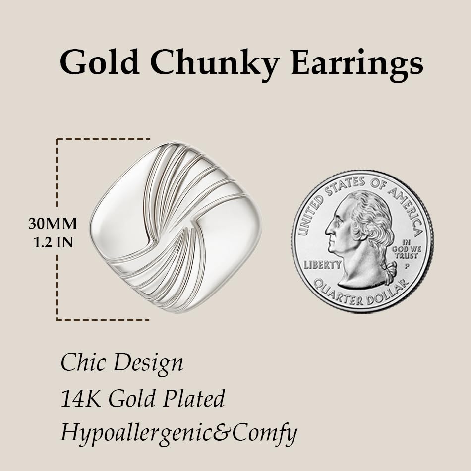 Gold Chunky Statement Earrings for Women, Trendy 14K Gold Plated Square Geometric Vintage Drop Dangle Designer Stud Earrings, Jewelry Gift - style: square-silver