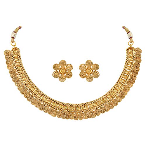 Aheli Bollywood Traditional Gold Tone Short Necklace Earrings Jewelry Set Gift for Women Wedding Party Ethnic Fashion Wear - color: Gold 5