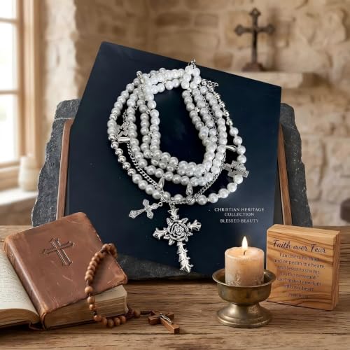 Layered Faux Pearl Cross Choker Necklace for Women, Silver-Tone | Zinc alloy stacked gothic jewelry, adjustable extended chain, vintage Y2K emo punk style accessories