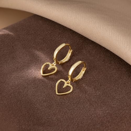 Reffeer Solid 925 Sterling Silver Heart Drop Earrings Hoop for Women Teens Heart Hoop Earrings Huggie Drop Earrings - color: B-Yellow