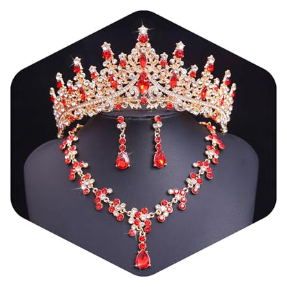 Crystal Crown and Tiara Jewelry Set for Women Bride with Necklace Earrings | Metal Rhinestone Royal Queen Princess Jewelry Set Wedding Quinceanera Pageant Prom Birthday Halloween Party Costume Gift - color: Red