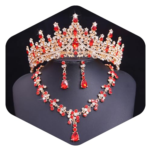 Crystal Crown and Tiara Jewelry Set for Women Bride with Necklace Earrings | Metal Rhinestone Royal Queen Princess Jewelry Set Wedding Quinceanera Pageant Prom Birthday Halloween Party Costume Gift - color: Red