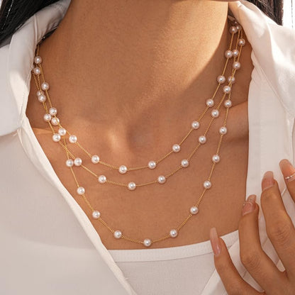 Pearls Necklaces for Women-18K Gold Plated Layered Gold Pearl Necklaces Dainty White Pearls Choker Necklace Chain Pearl Necklace for Women Elegant Valentines Gifts - color: Three-layer