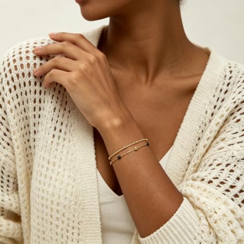 Gold Bracelets for Women Dainty 14K Gold Plated Layered Chain Bracelets Turquoise Green Aventurine Crystal Beaded Bracelets for Women - color: Black & Gold