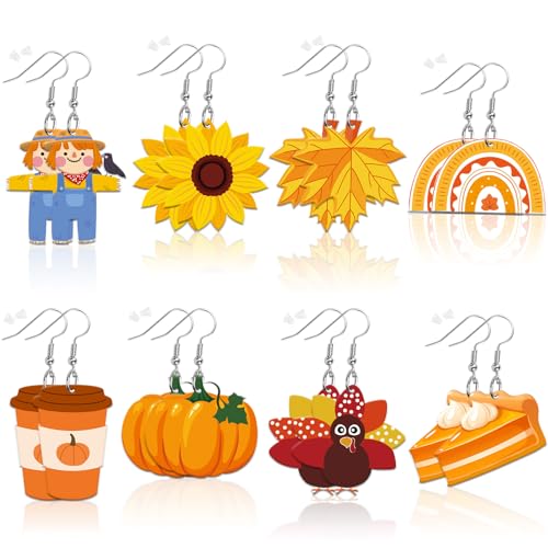 8 Pairs Fall Acrylic Earrings for Women Thanksgiving Dangle Jewelry | Pumpkin Sunflower Maple Leaf Earrings, Fall Thanksgiving Autumn Jewelry Gifts Party Accessories, Lightweight, Double Side - style: Fall Thanksgiving