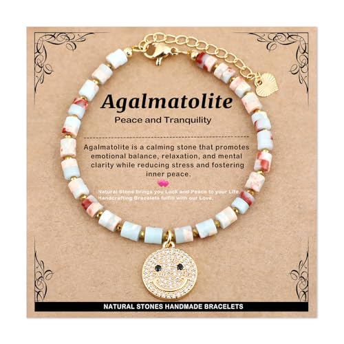 Natural Gemstone Healing Crystal Dainty Charms Bracelet Adjustable Chain Extender Minimalist Jewelry - color: Agalmatolite jasper + Happy face