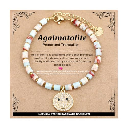 Natural Gemstone Healing Crystal Dainty Charms Bracelet Adjustable Chain Extender Minimalist Jewelry - color: Agalmatolite jasper + Happy face