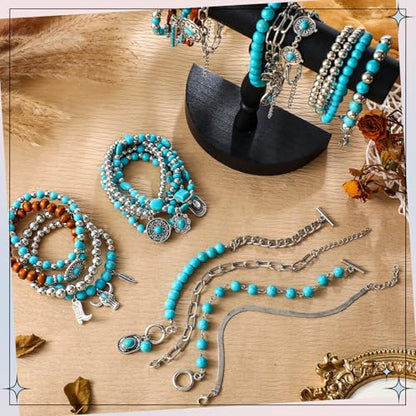 6 Pcs Turquoise Bracelet for Women Leather Bracelet Western Jewelry for Women Multilayer Boho Cuff Bangle Set - style: Elegant