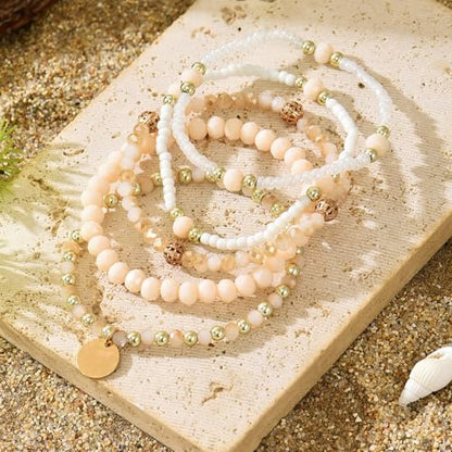 Bohemian Handmade Crystal Seed Beads Disc Pendant Colorful Multilayered Elastic Bracelets Stackable Stretch Strand Bangles Friendship Summer Beach Jewelry for Women - color: beige