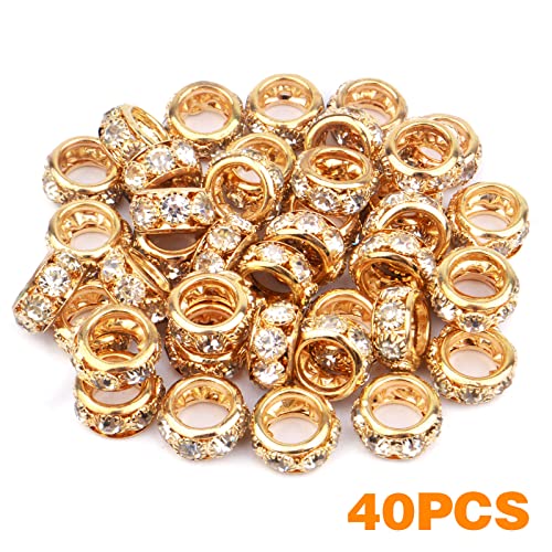 BronaGrand 40pcs 12mm Rhinestone European Spacer Beads Diamond Crystal Charm Beads Rondelle Loose Beads with 8mm Large Hole for DIY Bracelet Crafts Jewelry Making, KC Golden - color: Gold, size: 12MM