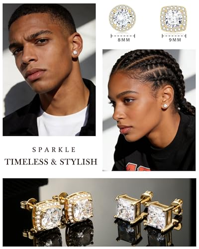 Zankulas Cubic Zirconia Stud Earrings for Women Mens Earrings Hypoallergenic Square CZ Studs Set - color: Gold