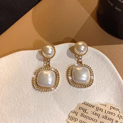 Pearl Clip on Earrings for Women Drop Clip Earrings for Women Gold Plated White Imitation Pearl Earrings Fashion - color: Square Pearl