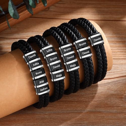 Personalized Braided Leather Bracelet with Photo Custom Name Beads Cuff Bangle Jewelry Gifts for Men Dad Husband Grandpa Fathers Day - color: Style 4-7.5inch