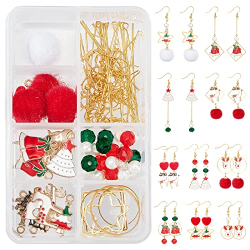 SUNNYCLUE 1 Box DIY 10 Pairs Christmas Fabric Fur Pompom Earring Making Kits Christmas Tree Reindeer Enamel Pendants Charms Faux Mink Fur Covered Pendants for Women Beginners, Instruction - color: 10-diy-10 Pairs Christmas Pompom Ball Earrings