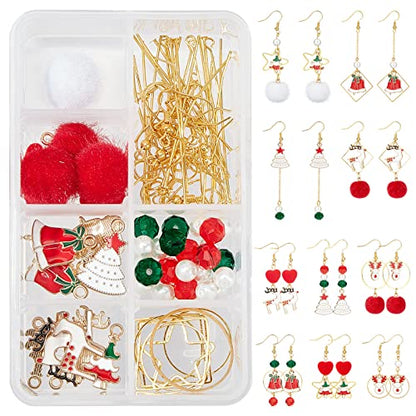 SUNNYCLUE 1 Box DIY 10 Pairs Christmas Fabric Fur Pompom Earring Making Kits Christmas Tree Reindeer Enamel Pendants Charms Faux Mink Fur Covered Pendants for Women Beginners, Instruction - color: 10-diy-10 Pairs Christmas Pompom Ball Earrings