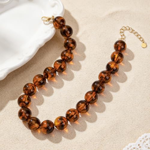 Chunky Beaded Necklace for Women Trendy Boho Collar Statement Necklace Large Round Resin Beads Choker Necklaces Summer Beach Jewelry Gifts - color: Amber