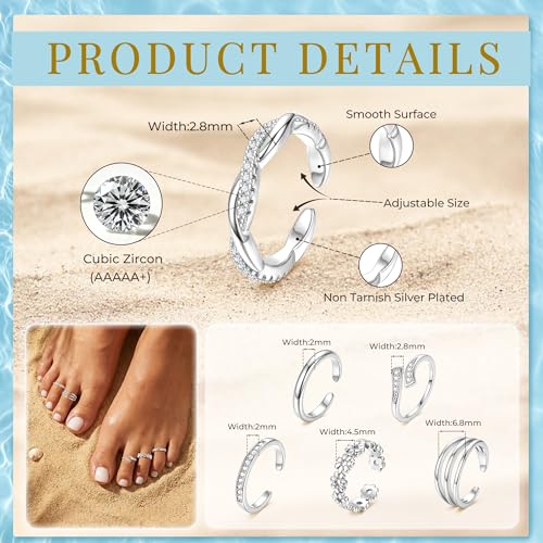 NICEIGHT 6Pcs 14K Gold Filled Toe Rings for Women Non Tarnish Silver Flower Hug Band Toe Rings Simple Adjustable CZ Twist Toe Ring Summer Beach Foot Jewelry for Women - color: Silver B