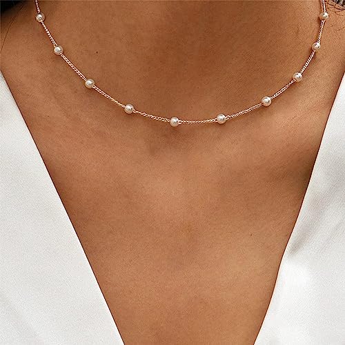 DIBOLA Dainty Pearl Necklaces for Women 14K Gold/Silver Plated Cute Single Pearl Necklace Elegant Small Tiny Pearl Choker Thin Chain Necklace Simple White Pearl Drop Y Long Necklace Freshwater Pearled Pendant Necklace Pearls Jewelry Gift - color: Satellit