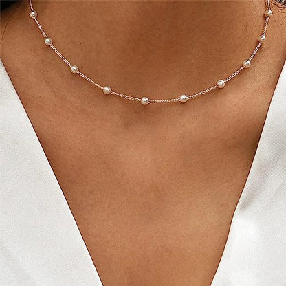 DIBOLA Dainty Pearl Necklaces for Women 14K Gold/Silver Plated Cute Single Pearl Necklace Elegant Small Tiny Pearl Choker Thin Chain Necklace Simple White Pearl Drop Y Long Necklace Freshwater Pearled Pendant Necklace Pearls Jewelry Gift - color: Satellit