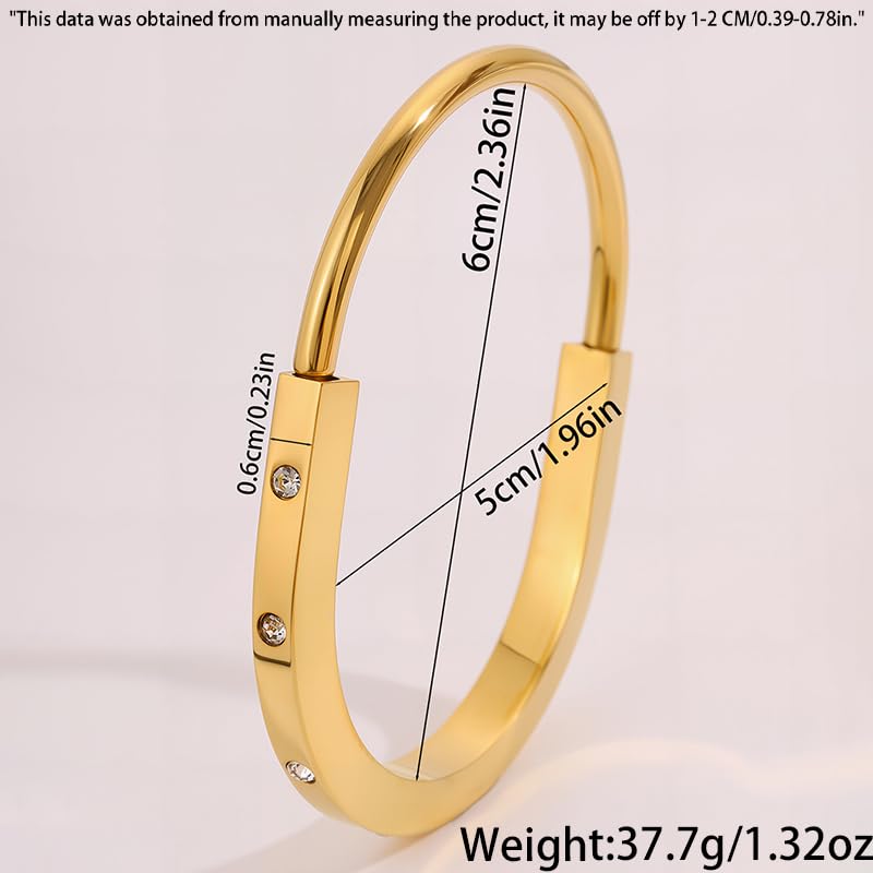 Minimalist Gold Lock Bracelet with Rhinestone Details, Stainless Steel Open Cuff Bangle for Women, Chic Everyday Jewelry