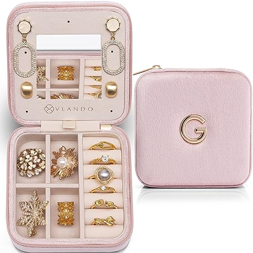 VLANDO Mini Jewelry Travel Case, Letter G Velvet Design with Ring Rolls | Stud Earring Panel and Ring Rolls Improve Access, Valentine's Gift, Overnight Bag, Soft Pink - color: Pink, size: Letter G