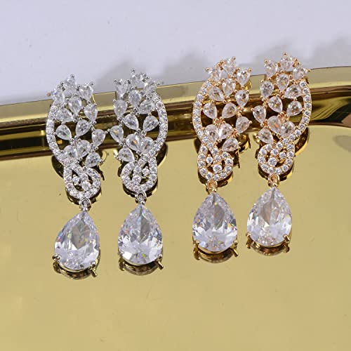 CZ Bridal Earrings for Wedding - 14k Plated Sterling Silver Elegant Teardrop Cubic Zirconia Crystal Rhinestone Floarl Leaf Cluster Chandelier Statement Dangle Drop Earrings for Bride Bridesmaids Party - color: 14K Gold Plated