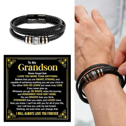 To My GrandSon Bracelet – Love You Forever Braided Leather Bracelet, Meaningful GrandSon Gift from Grandpa & Grandma with Heartfelt Message Card & Elegant Gift Box for Birthday, Christmas - color: Version#2