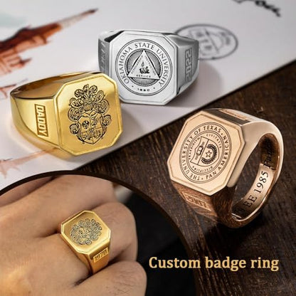 callie Custom Signet Ring - Engraved Text & Photo, Personalized Family Crest Coat Of Arms Rings, 925 Sterling Silver/Brass | Father's Day Jewelry Gifts for Men & Women - color: Square