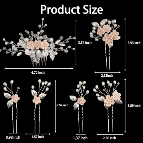 6 Pcs Bridal Flower Wedding Hair Pins Crystal Pearl Hair Clips Headpiece Wedding Hair Accessories Jewelry with Rhinestone for Brides Bridesmaids Women Girls Updo(Pink) - color: Pink6Pcs