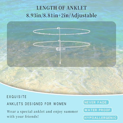 Sterling Silver Ankle Bracelets for Women 14K Gold Waterproof Layered Braided Chain Knot Charm Stackable Adjustable Non Tarnish Anklets Bracelet for Summer Beach Jewelry Gift - color: silverC