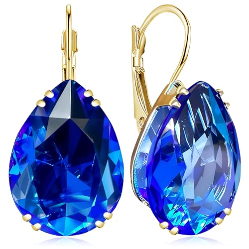 14K Gold Teardrop Crystal Leverback Earrings Sparkly Rhinestone Water Droplet Dangle Drop Earrings For Women - color: Royal Blue