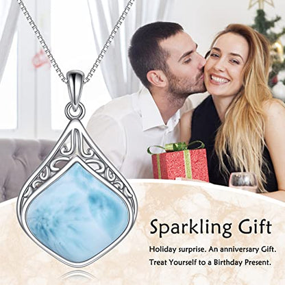 YAFEINI Teardrop Necklace Sterling Silver Filigree Irish Pendant Necklace Natural Stone Moonstone/Lapis Lazuli/Larimar/Moss Agate Necklace Jewelry - color: Larimar teardrop necklace