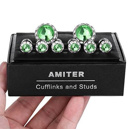 AMITER Crystal Cufflinks and Tuxedo Studs for Men, Cuff Links Suits for Shirt Formal Dress Business Wedding Anniversary - color: Green