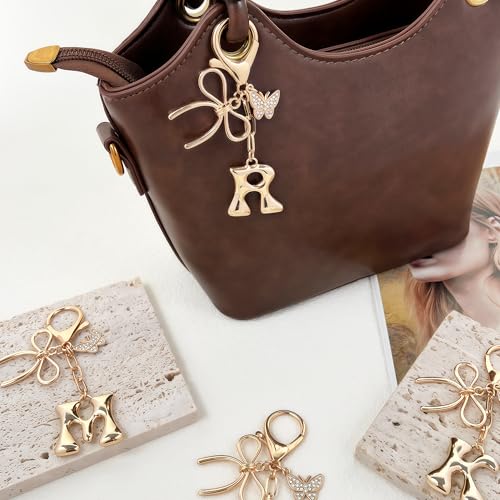 Gold Bubble Heart, Cherry, Bow & More Designs Letter Initial Keychain Bag Charms – Cute Purse Charms for Handbags - color: Bow & Butterfly, style: R