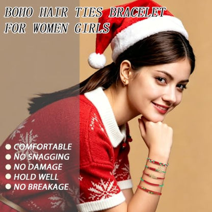 KANPRINCESS 10pcs Christmas Boho Hair Ties - 5 Styles | Elastic Hair Bands & Bracelets for Women's Thick or Thin Hair - No Damage - Christmas Gift For Girls Teens Women - color: Set19