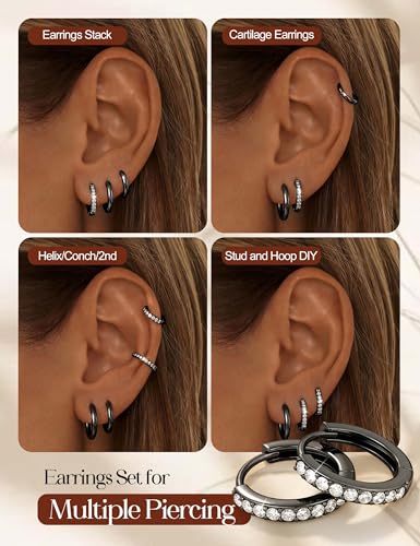 Tungary Small Gold Hoop Earrings for Women Huggie CZ Hoops Earring Stacks | Hypoallergenic Earing Hoops for Sensitive Ears, Earrings Stack Set for Cartilage, Secure Clasp, Silver/Black/14K Gold Plated - color: Black-Plain & CZ Huggies