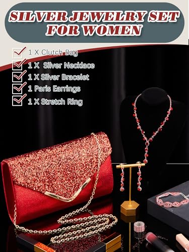 Henoyso 5 Pcs Purse Rhinestone Jewelry Set Prom Jewelry Rhinestone Clutch Purse Necklace Earrings Bracelets for Women Bride - color: Red