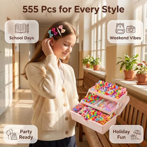 555 Pcs Cute Hair Accessories for Women, Flower and Butterfly Snap Clips, Colorful Hair Ties, and Elastic Bands