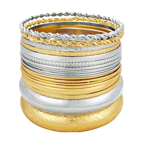 YBMYCM 10Pcs Gold-plated Bangle Bracelet Set for Women Multi Layer Stackable Wide Bangles Indian Chunky Bangle Bracelets Ethnic Glossy Textured Bracelets Wedding Outfit Jewelry - style: 20pcs-G-Silver