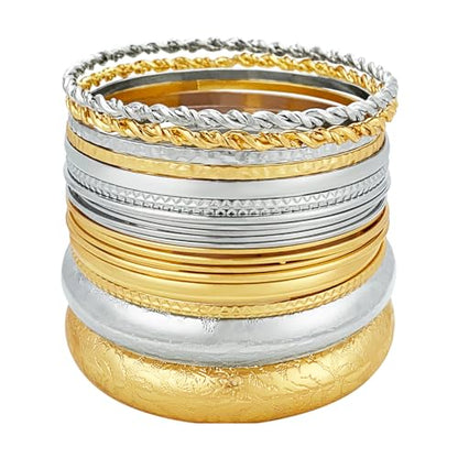 YBMYCM 10Pcs Gold-plated Bangle Bracelet Set for Women Multi Layer Stackable Wide Bangles Indian Chunky Bangle Bracelets Ethnic Glossy Textured Bracelets Wedding Outfit Jewelry - style: 20pcs-G-Silver
