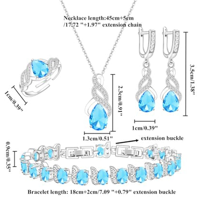 LMXXVJ Jewelry Set for Women,Teardrop Cubic Zirconia Necklace Earrings Adjustable Ring Bracelet Jewelry Set Formal Jewelry Gift - color: MHSD-White Gold-Sky Blue